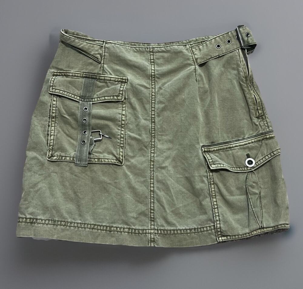 Free People Erika Utility Cargo Mini Skirt Buckle Canteen Green Boho Grunge Sz 2
